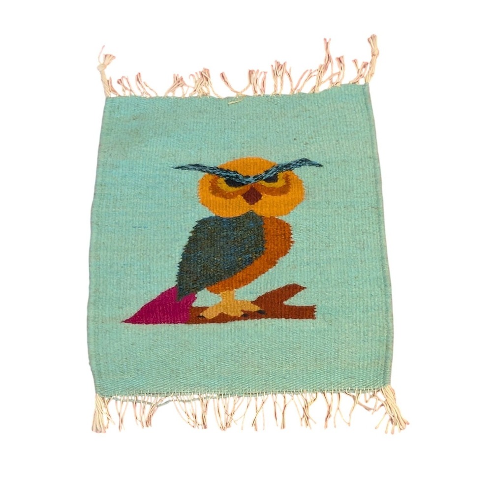 Hand Woven Wool Owl Tapestry Wall Hanging Tapestry Fiber Art Turquoise Boho MCM‎